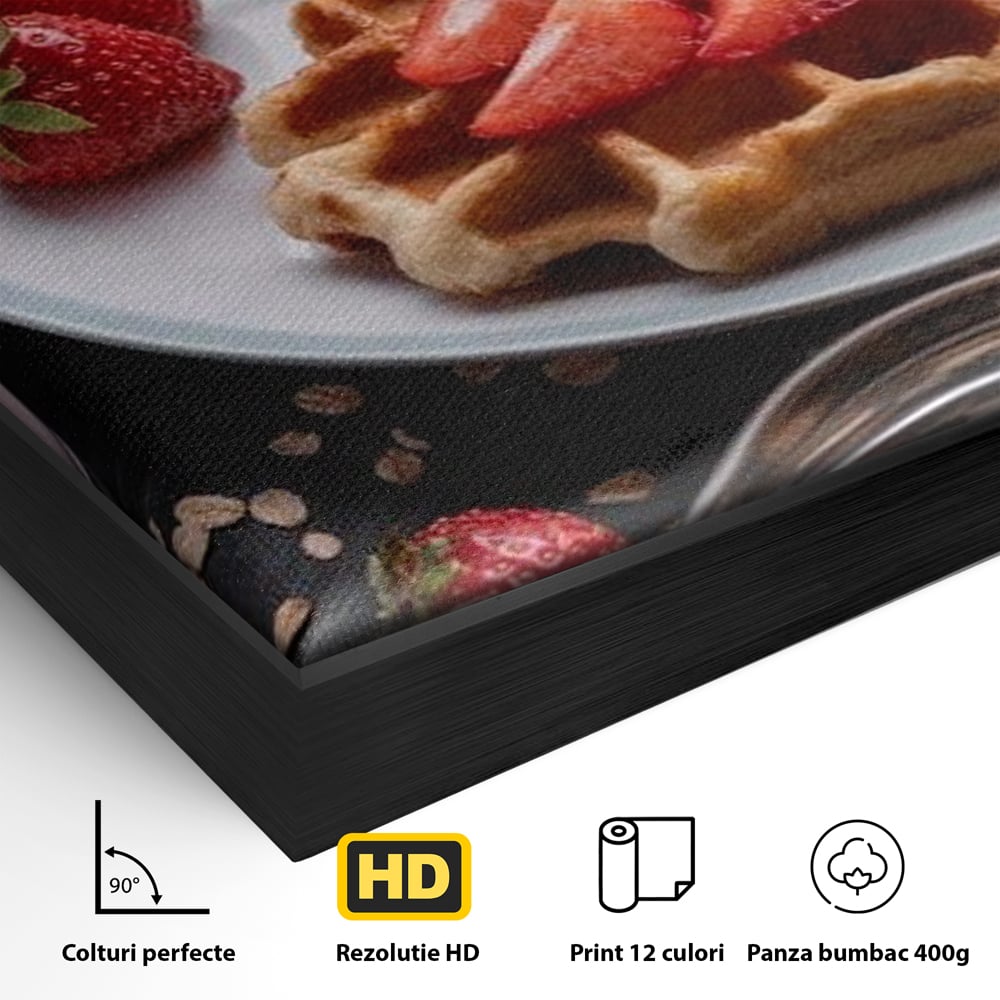 Detaliu al suprafetei: tablou canvas cu mic dejun bogat, in rama de aluminiu negru