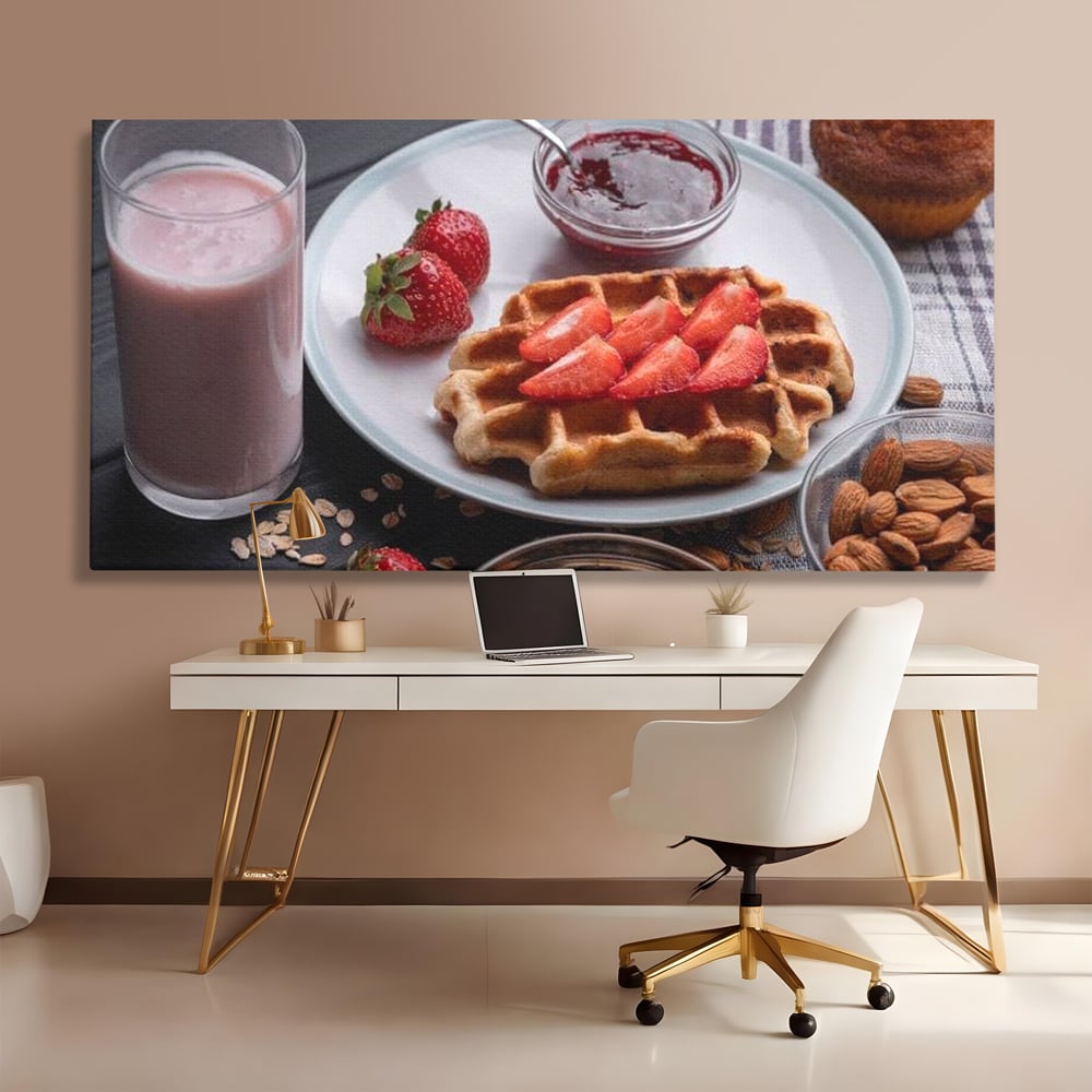 Tablou canvas cu tablou canvas cu mic dejun bogat, fara rama, pe sasiu de lemn, pe perete intr-un birou