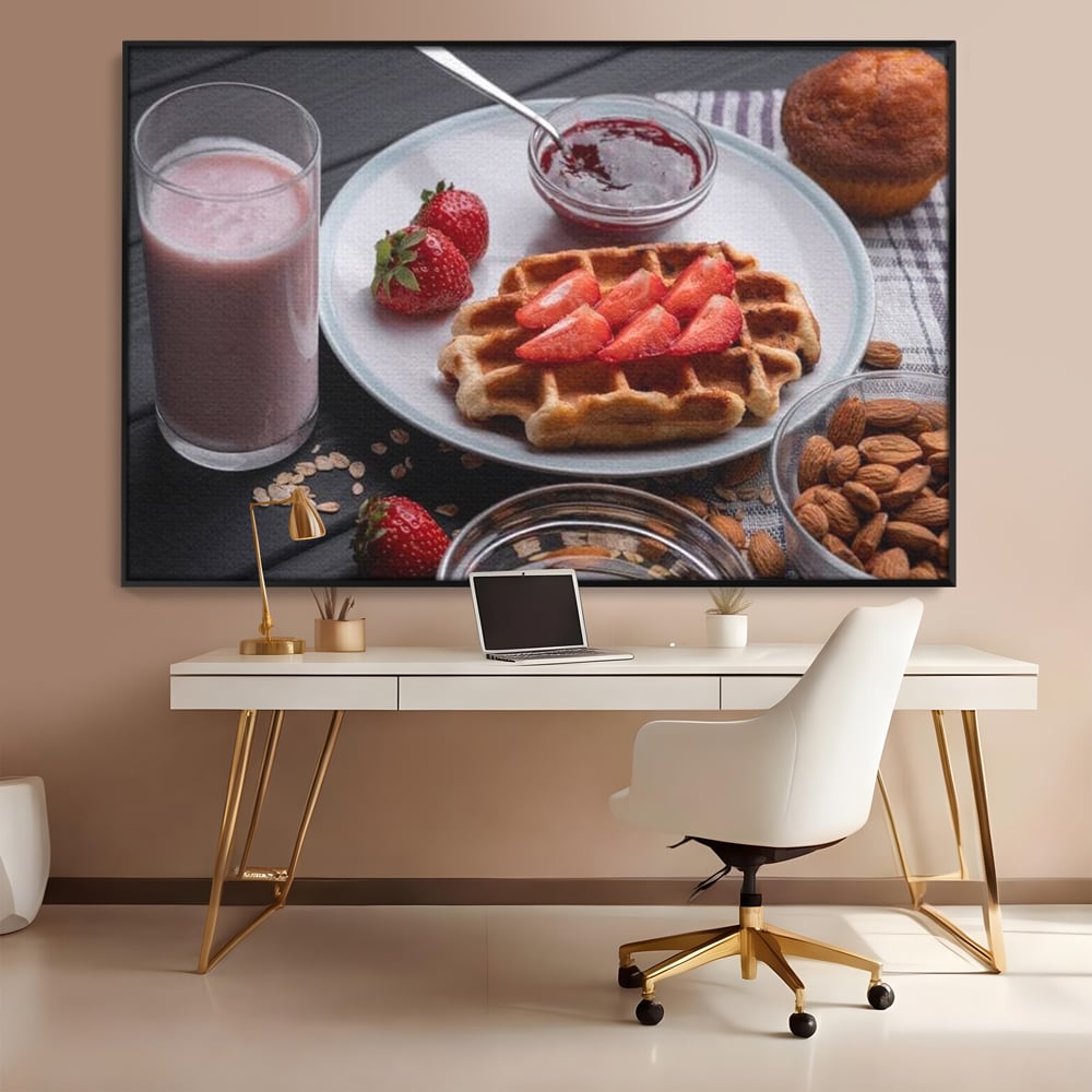 Tablou canvas cu tablou canvas cu mic dejun bogat, in rama de aluminiu negru, pe perete intr-un birou