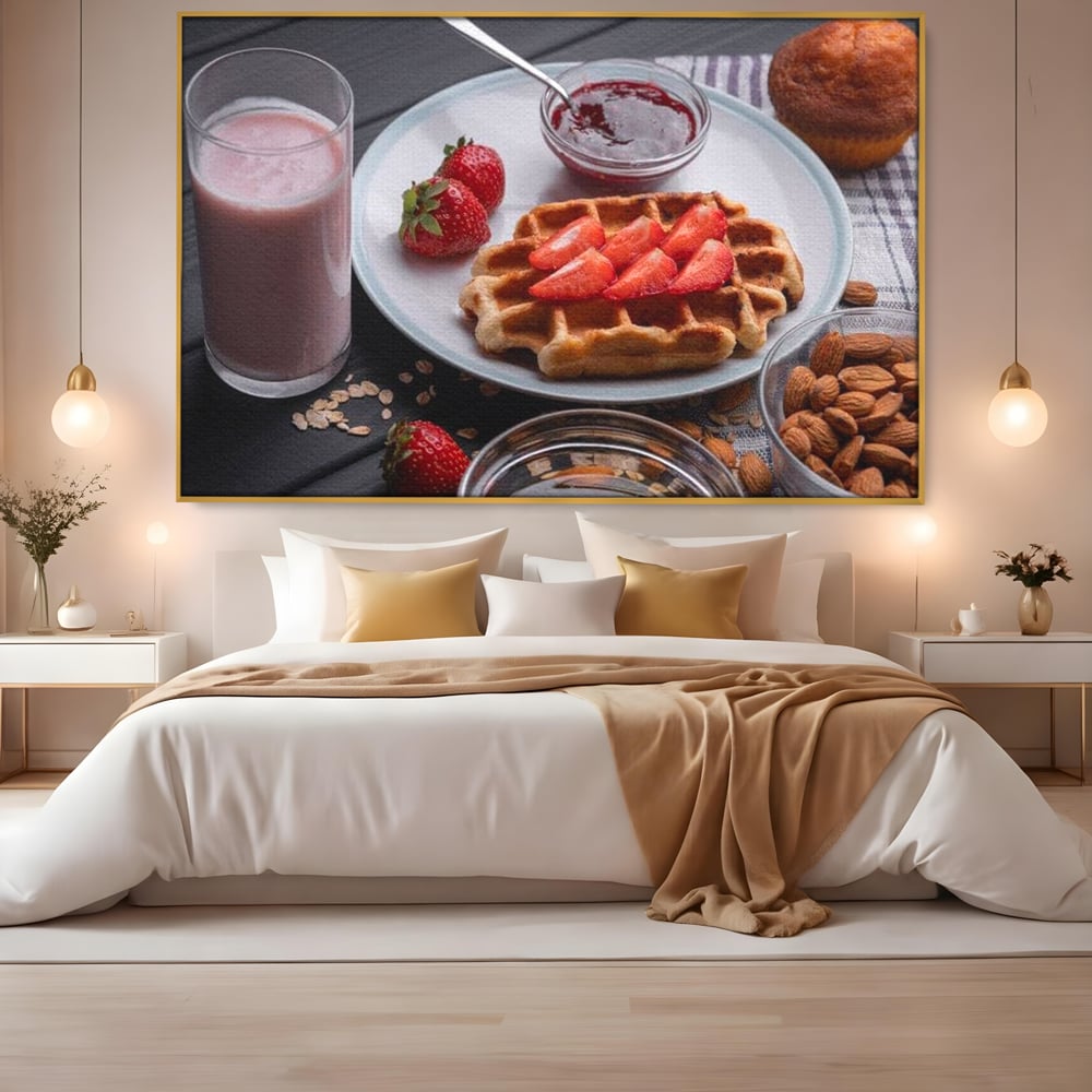 Tablou canvas cu tablou canvas cu mic dejun bogat, in rama de aluminiu auriu, pe perete intr-un dormitor