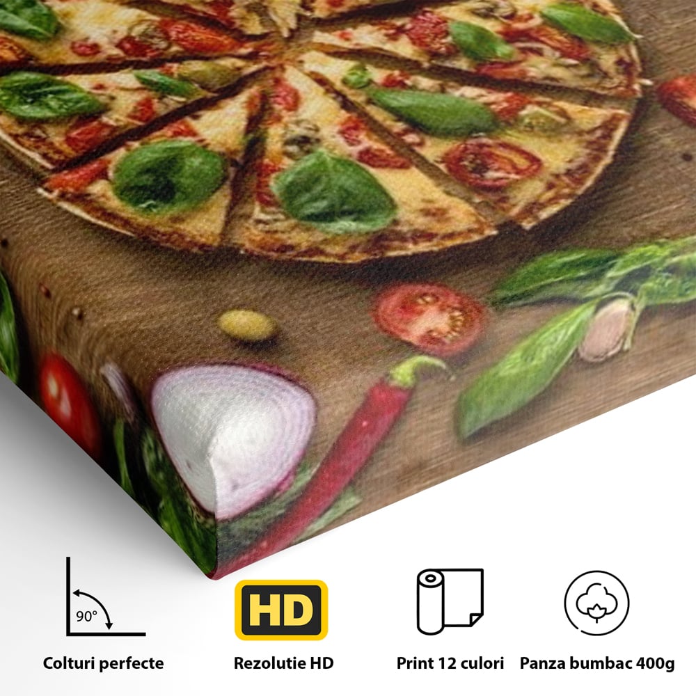 Detaliu al suprafetei: tablou canvas cu pizza si legume, fara rama, pe sasiu de lemn
