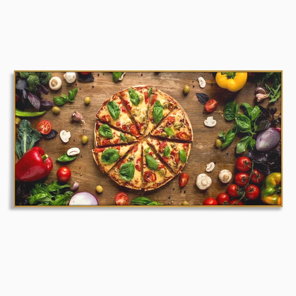 Tablou canvas cu tablou canvas cu pizza si legume, in rama de aluminiu auriu