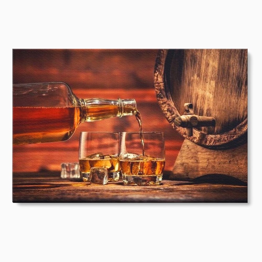 Tablou canvas cu tablou canvas cu whisky si butoi lemn, fara rama, pe sasiu de lemn