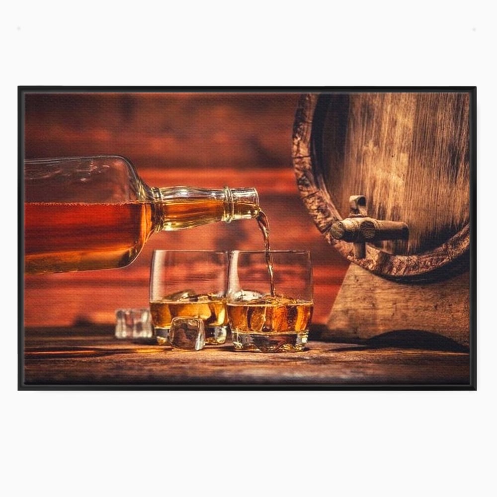 Tablou canvas cu tablou canvas cu whisky si butoi lemn, in rama de aluminiu negru