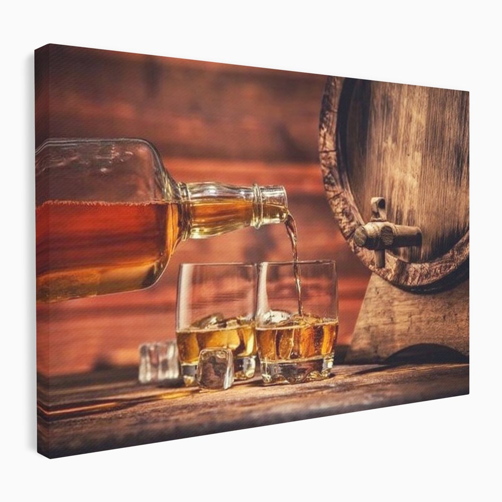 Tablou canvas cu tablou canvas cu whisky si butoi lemn, fara rama, pe sasiu de lemn