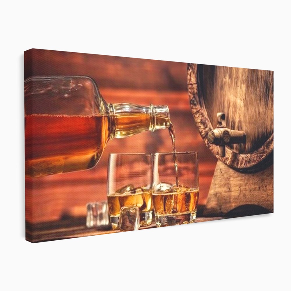 Tablou canvas cu tablou canvas cu whisky si butoi lemn, fara rama, pe sasiu de lemn