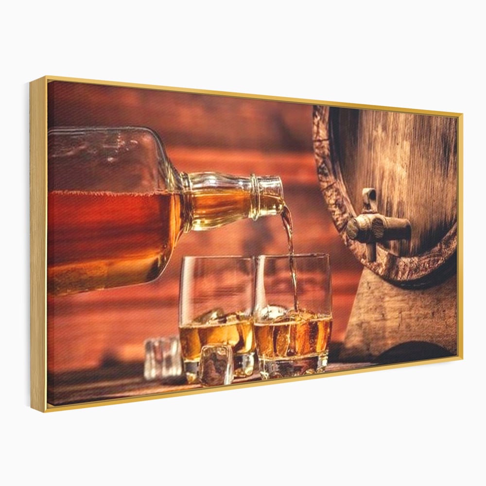 Tablou canvas cu tablou canvas cu whisky si butoi lemn, in rama de aluminiu auriu