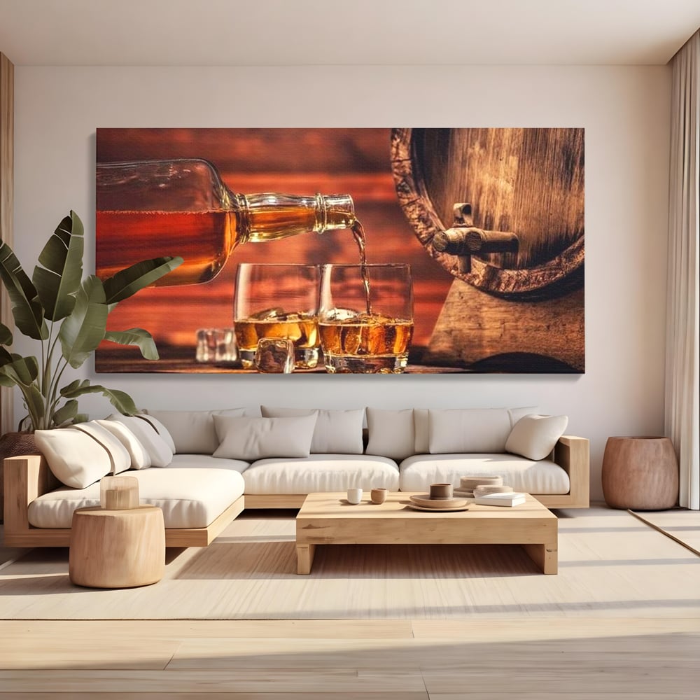 Tablou canvas cu tablou canvas cu whisky si butoi lemn, fara rama, pe sasiu de lemn, pe perete intr-un living