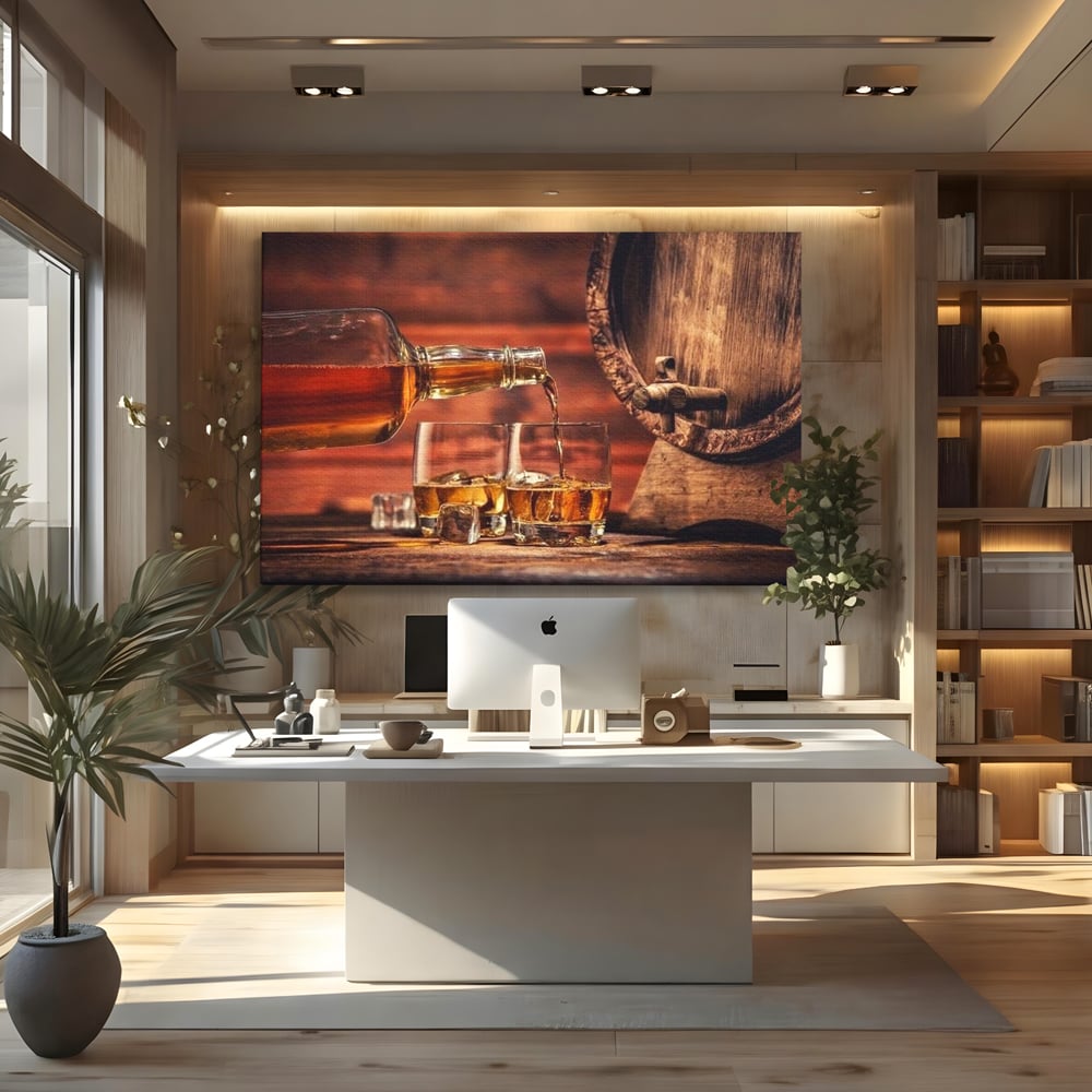 Tablou canvas cu tablou canvas cu whisky si butoi lemn, fara rama, pe sasiu de lemn, pe perete intr-un birou