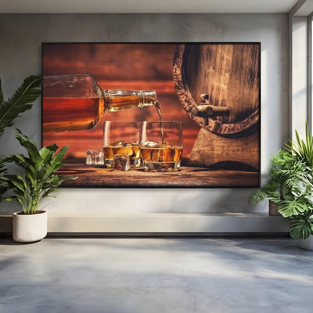 Tablou canvas cu tablou canvas cu whisky si butoi lemn, in rama de aluminiu negru