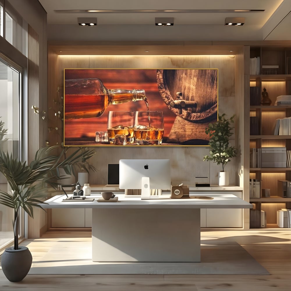 Tablou canvas cu tablou canvas cu whisky si butoi lemn, in rama de aluminiu auriu, pe perete intr-un birou