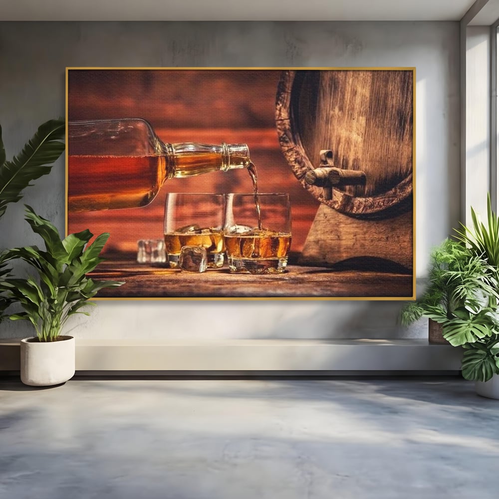 Tablou canvas cu tablou canvas cu whisky si butoi lemn, in rama de aluminiu auriu