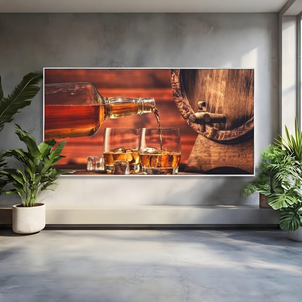 Tablou canvas cu tablou canvas cu whisky si butoi lemn, in rama de aluminiu argintiu