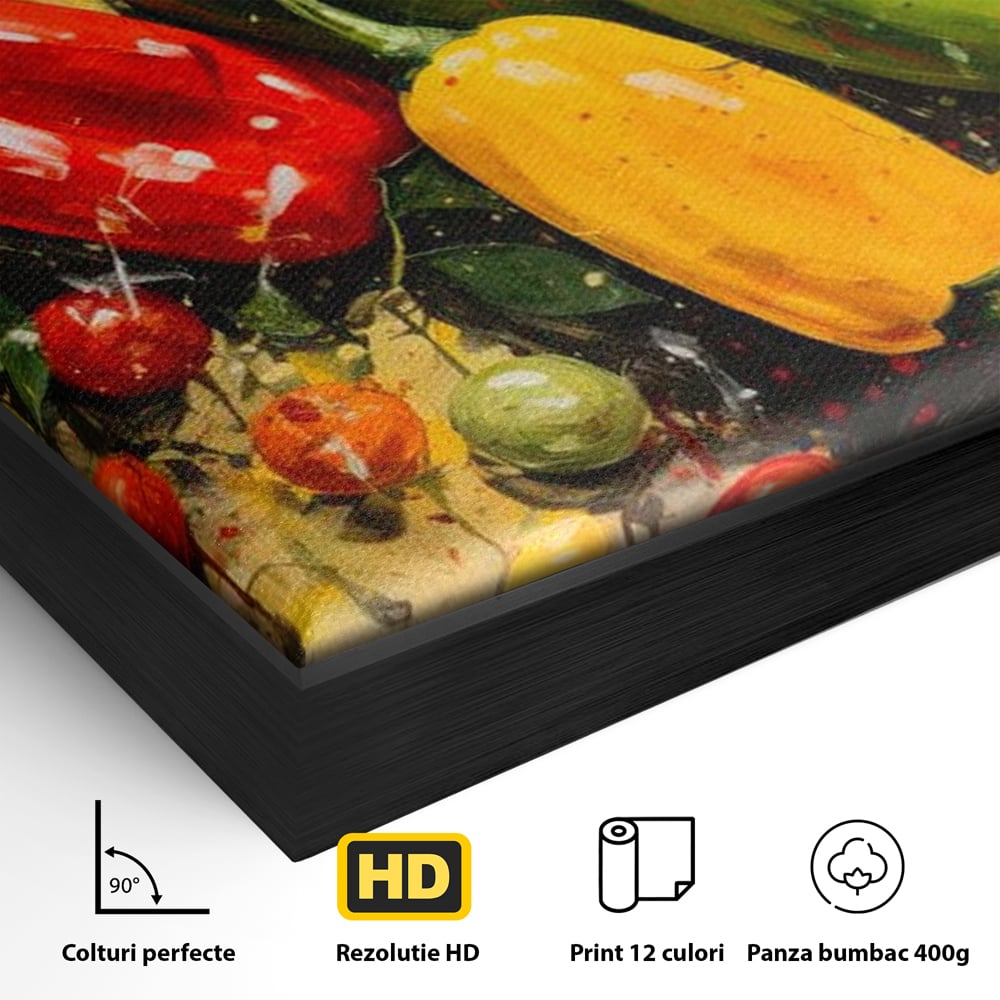 Detaliu al suprafetei: pictura orizontala cu ardei iuti si legume, in rama de aluminiu negru