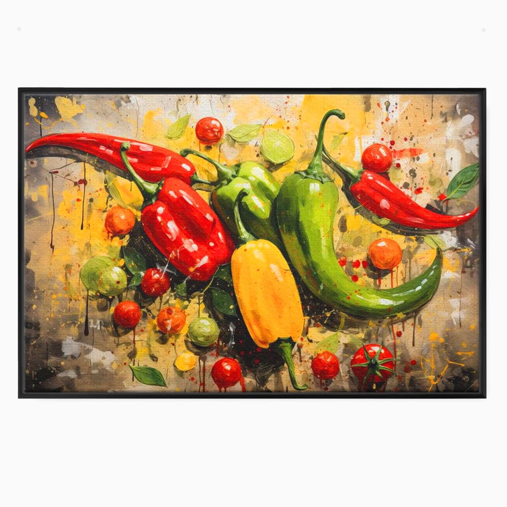 Tablou canvas cu pictura orizontala cu ardei iuti si legume, in rama de aluminiu negru