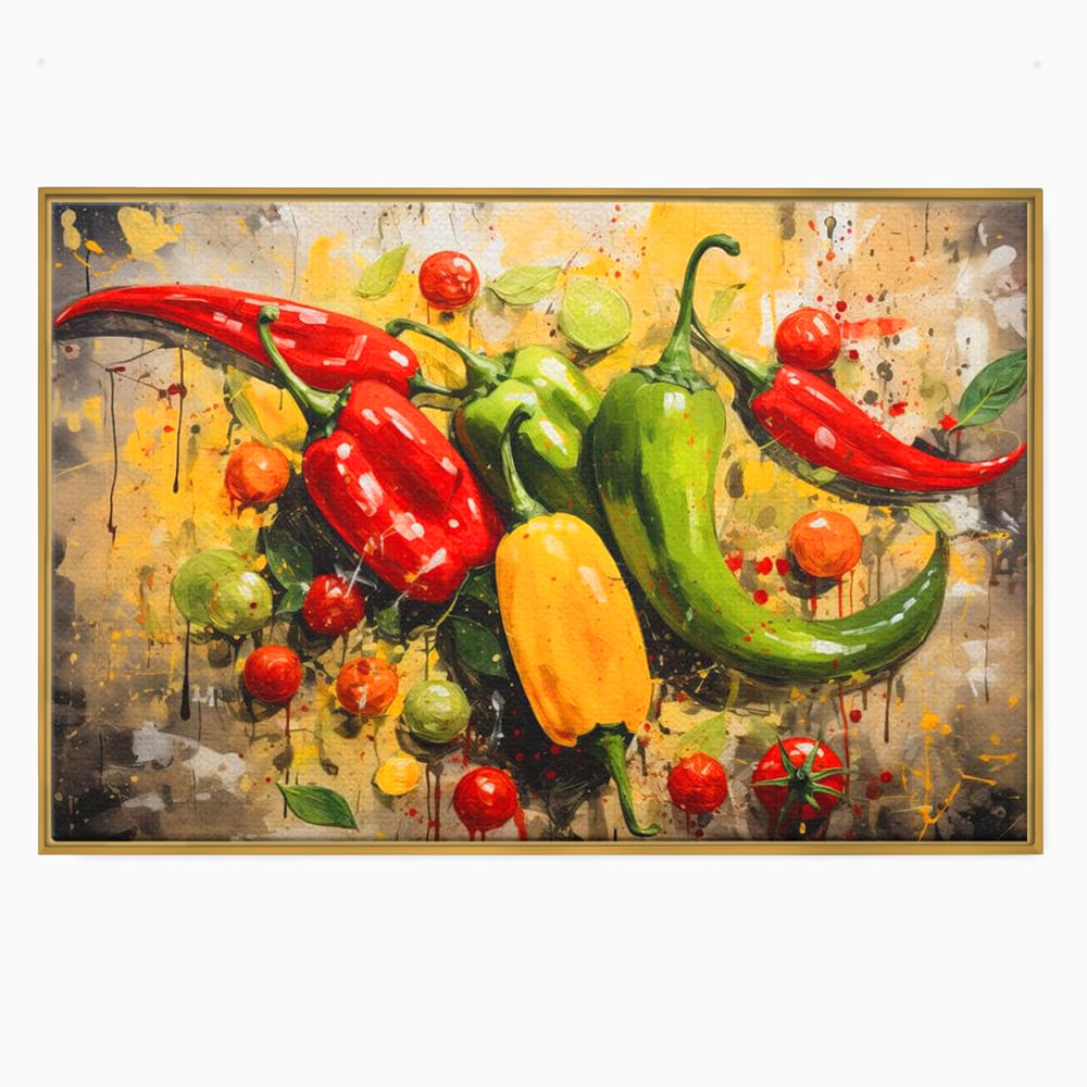 Tablou canvas cu pictura orizontala cu ardei iuti si legume, in rama de aluminiu auriu