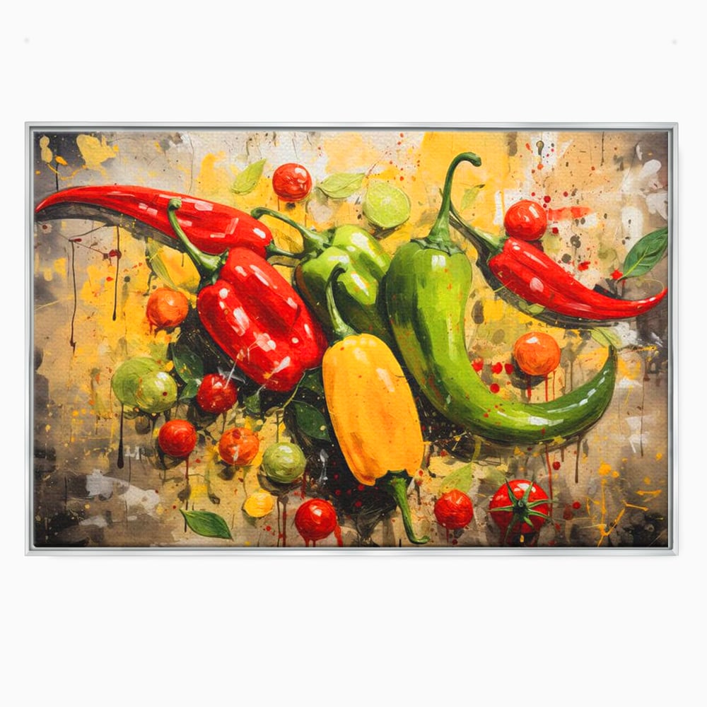 Tablou canvas cu pictura orizontala cu ardei iuti si legume, in rama de aluminiu argintiu
