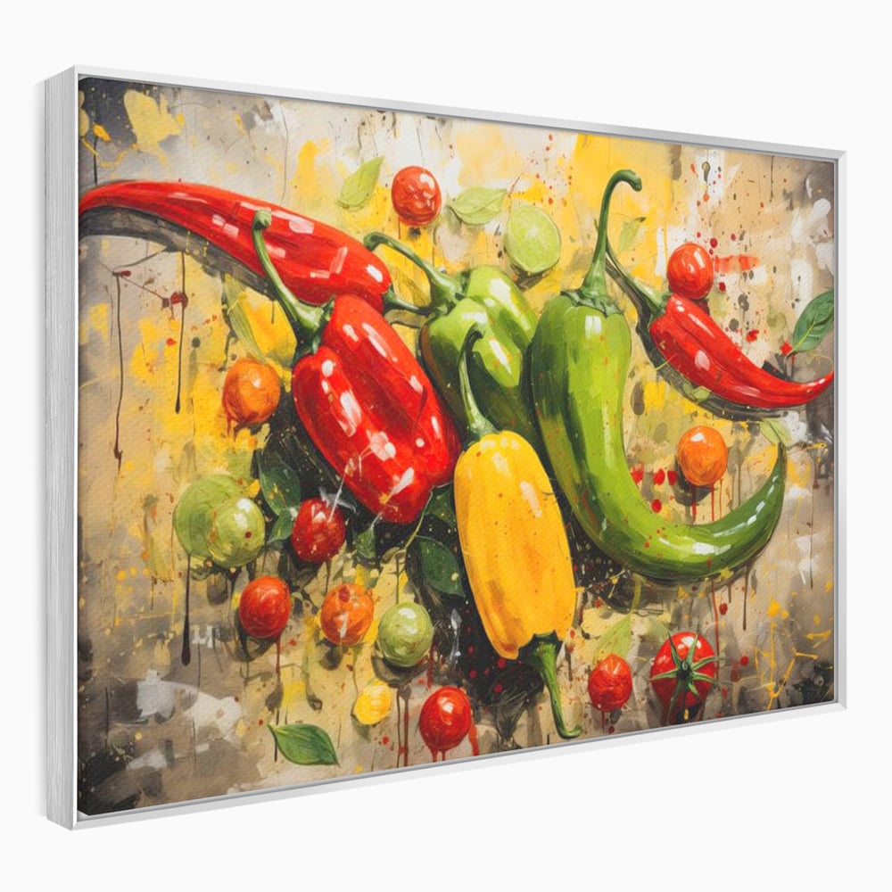 Tablou canvas cu pictura orizontala cu ardei iuti si legume, in rama de aluminiu argintiu