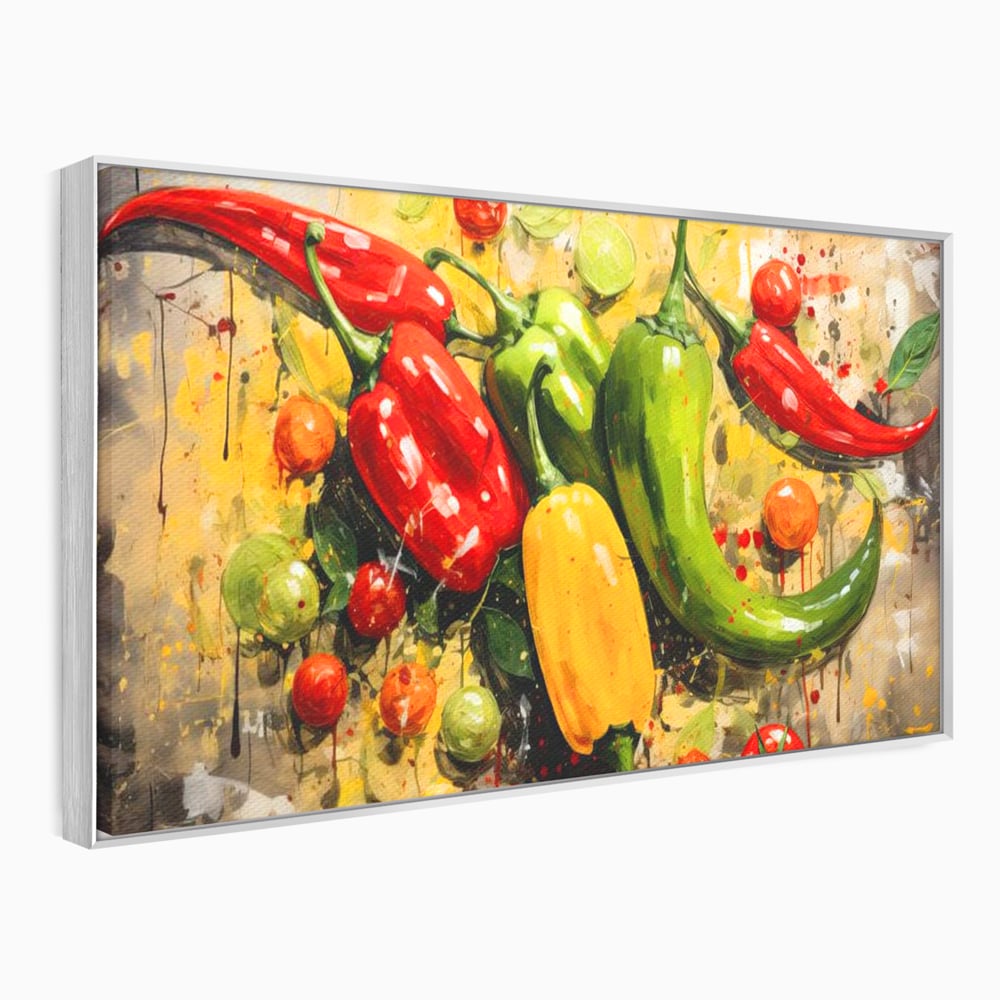 Tablou canvas cu pictura orizontala cu ardei iuti si legume, in rama de aluminiu argintiu