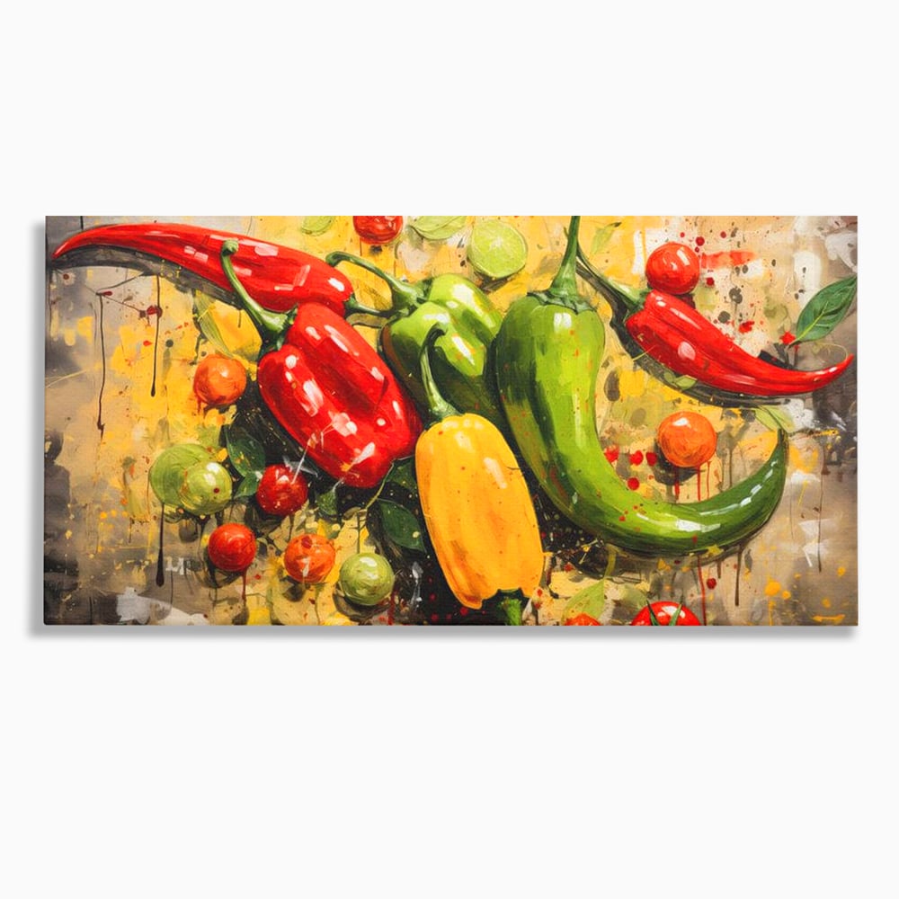 Tablou canvas cu pictura orizontala cu ardei iuti si legume, fara rama, pe sasiu de lemn