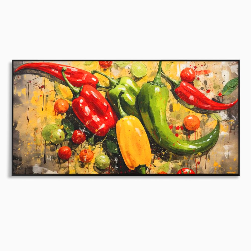 Tablou canvas cu pictura orizontala cu ardei iuti si legume, in rama de aluminiu negru