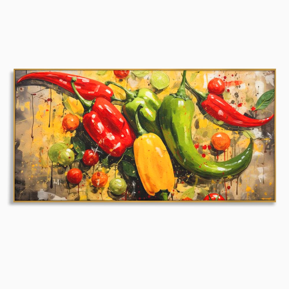 Tablou canvas cu pictura orizontala cu ardei iuti si legume, in rama de aluminiu auriu