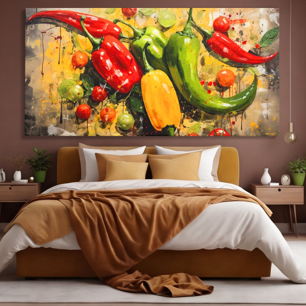 Tablou canvas cu pictura orizontala cu ardei iuti si legume, fara rama, pe sasiu de lemn, pe perete intr-un dormitor