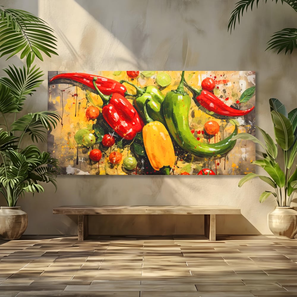 Tablou canvas cu pictura orizontala cu ardei iuti si legume, fara rama, pe sasiu de lemn