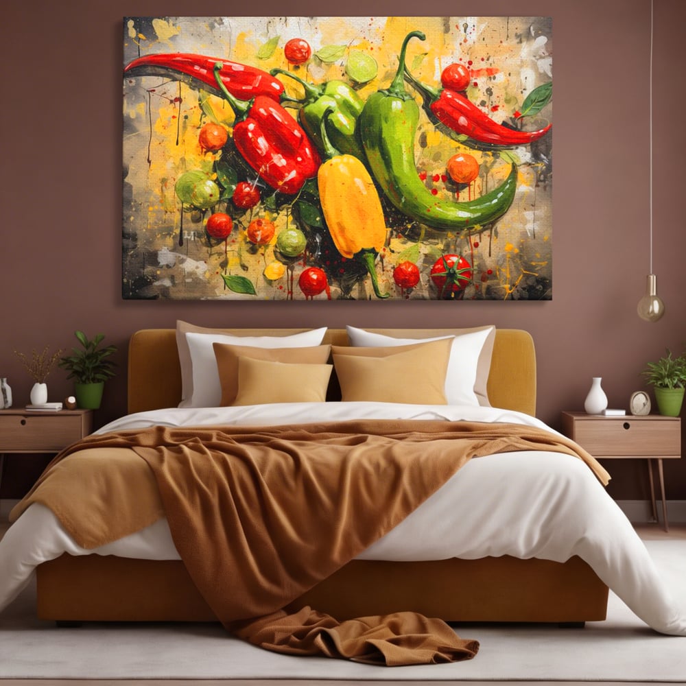 Tablou canvas cu pictura orizontala cu ardei iuti si legume, fara rama, pe sasiu de lemn, pe perete intr-un dormitor