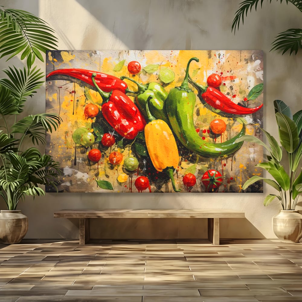 Tablou canvas cu pictura orizontala cu ardei iuti si legume, fara rama, pe sasiu de lemn
