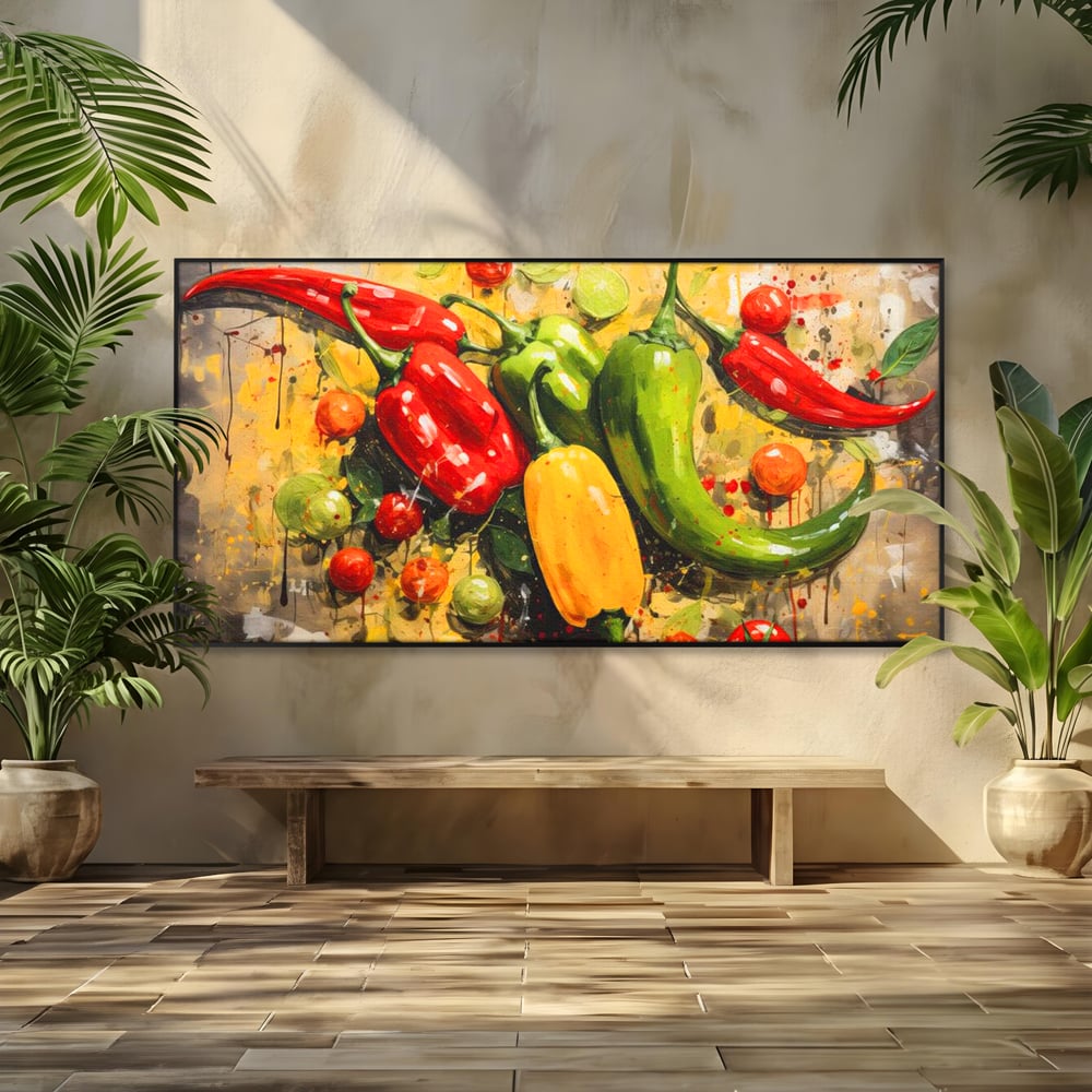 Tablou canvas cu pictura orizontala cu ardei iuti si legume, in rama de aluminiu negru