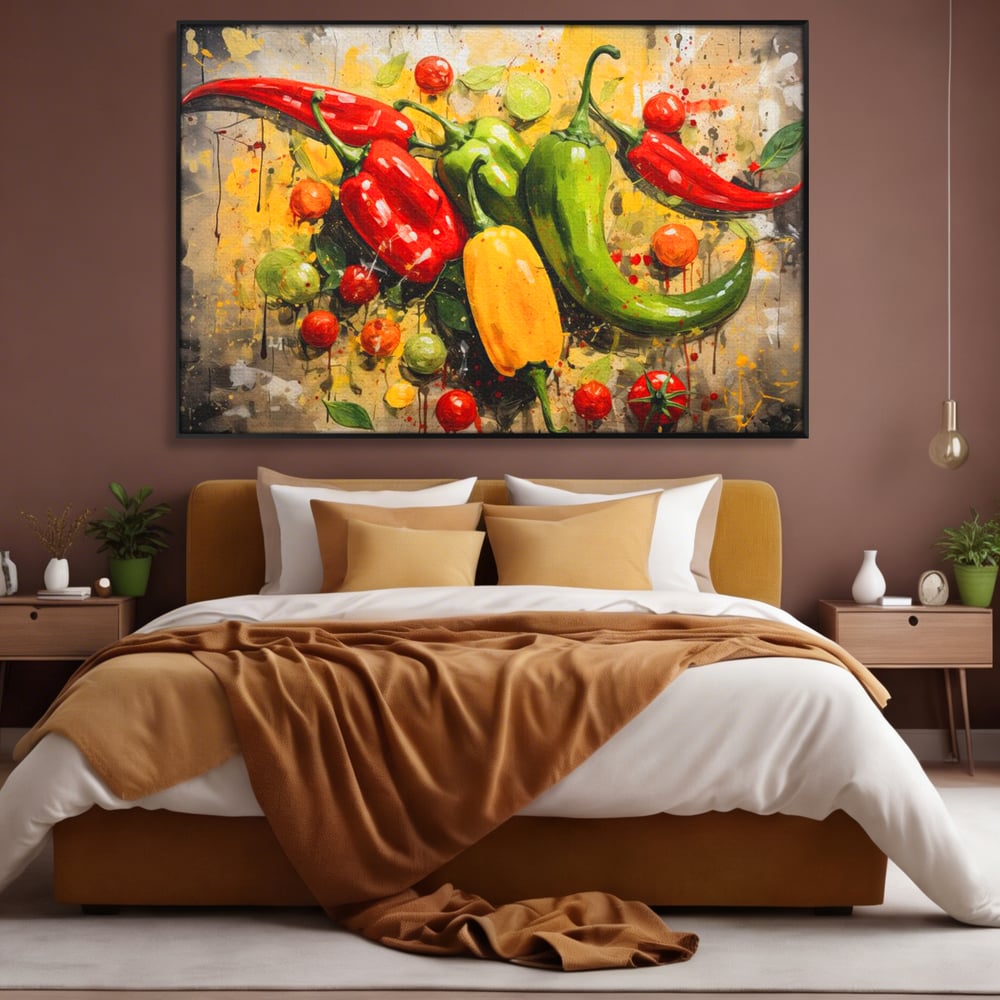 Tablou canvas cu pictura orizontala cu ardei iuti si legume, in rama de aluminiu negru, pe perete intr-un dormitor