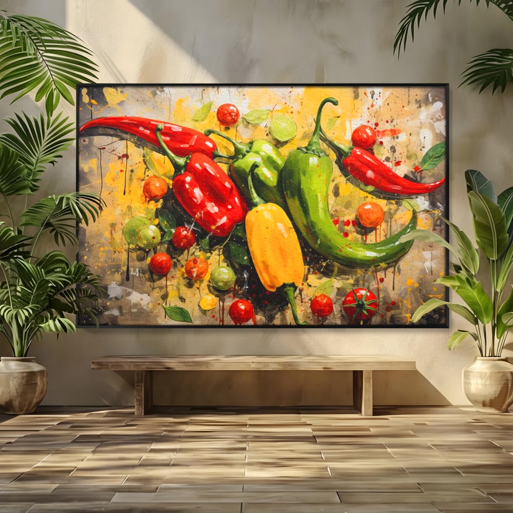 Tablou canvas cu pictura orizontala cu ardei iuti si legume, in rama de aluminiu negru