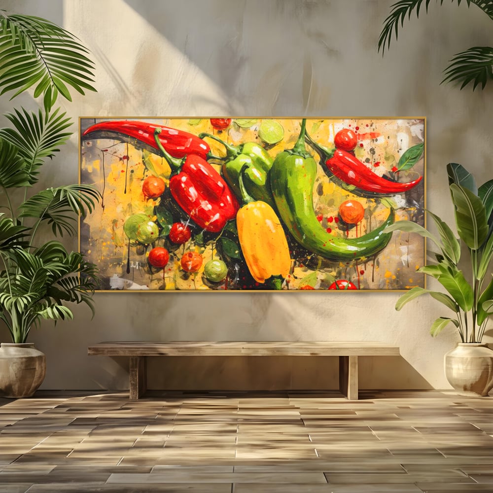 Tablou canvas cu pictura orizontala cu ardei iuti si legume, in rama de aluminiu auriu