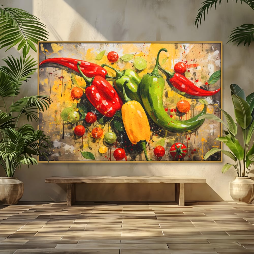 Tablou canvas cu pictura orizontala cu ardei iuti si legume, in rama de aluminiu auriu