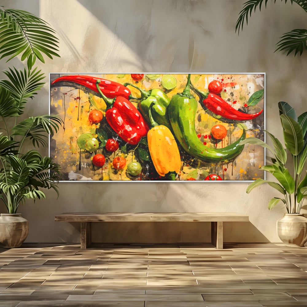 Tablou canvas cu pictura orizontala cu ardei iuti si legume, in rama de aluminiu argintiu