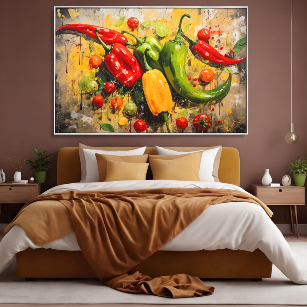 Tablou canvas cu pictura orizontala cu ardei iuti si legume, in rama de aluminiu argintiu, pe perete intr-un dormitor