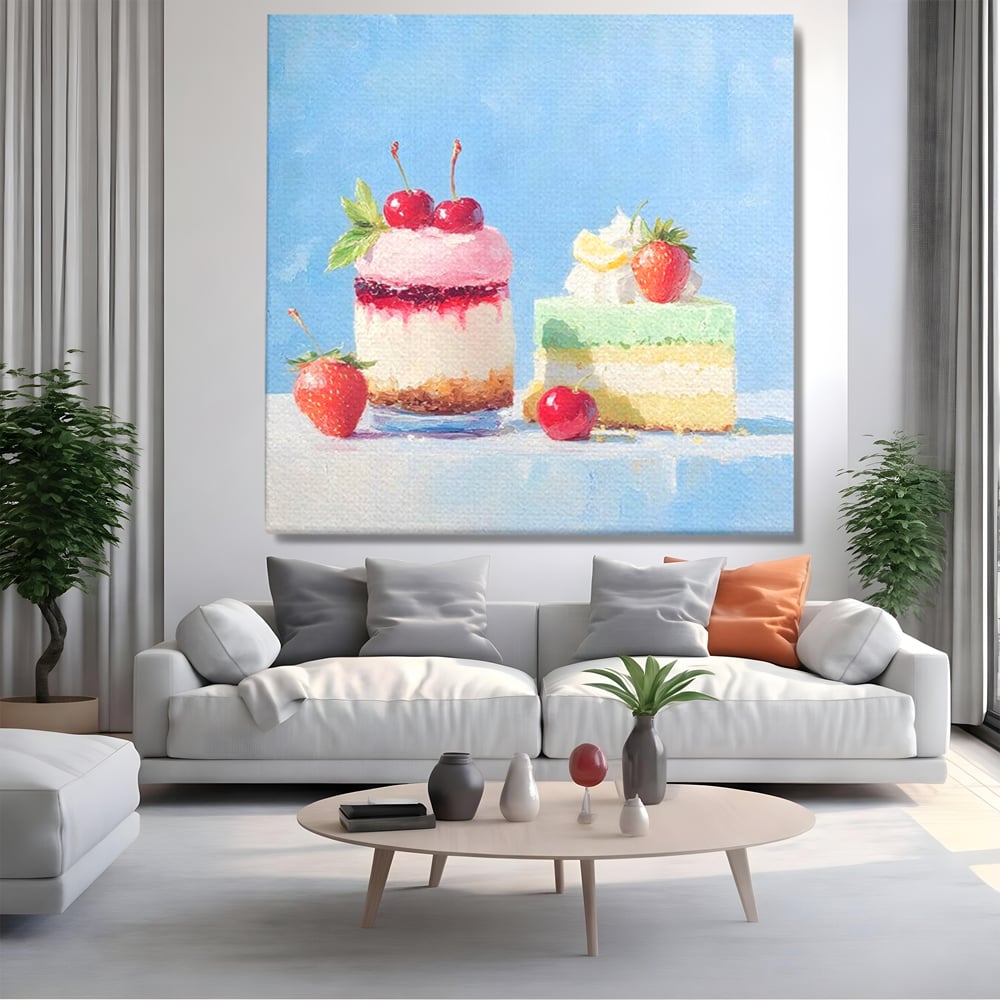 Tablou canvas cu pictura cu prajituri si fructe, fara rama, pe sasiu de lemn, pe perete intr-un living