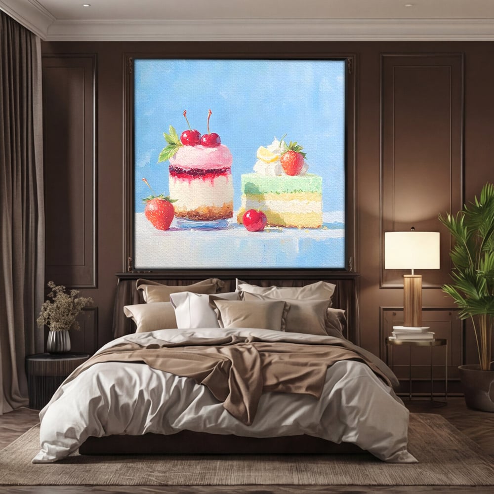 Tablou canvas cu pictura cu prajituri si fructe, in rama de aluminiu negru, pe perete intr-un dormitor