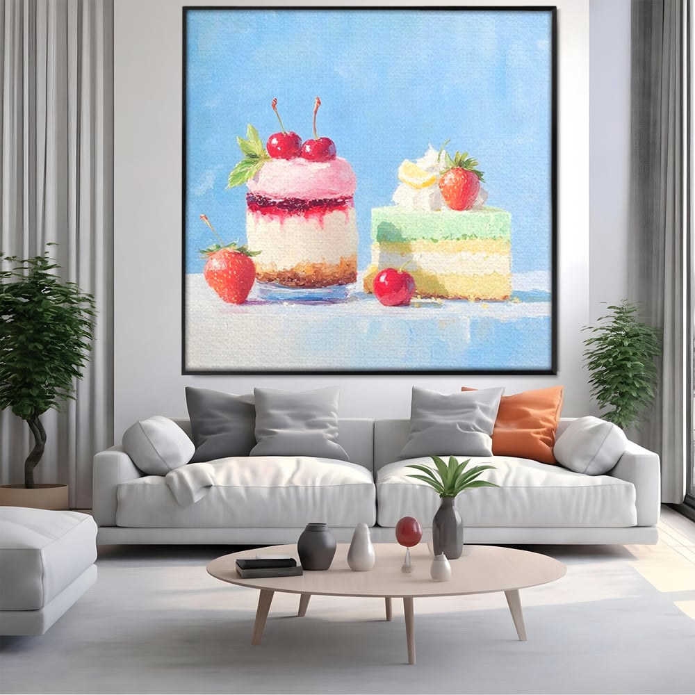Tablou canvas cu pictura cu prajituri si fructe, in rama de aluminiu negru, pe perete intr-un living