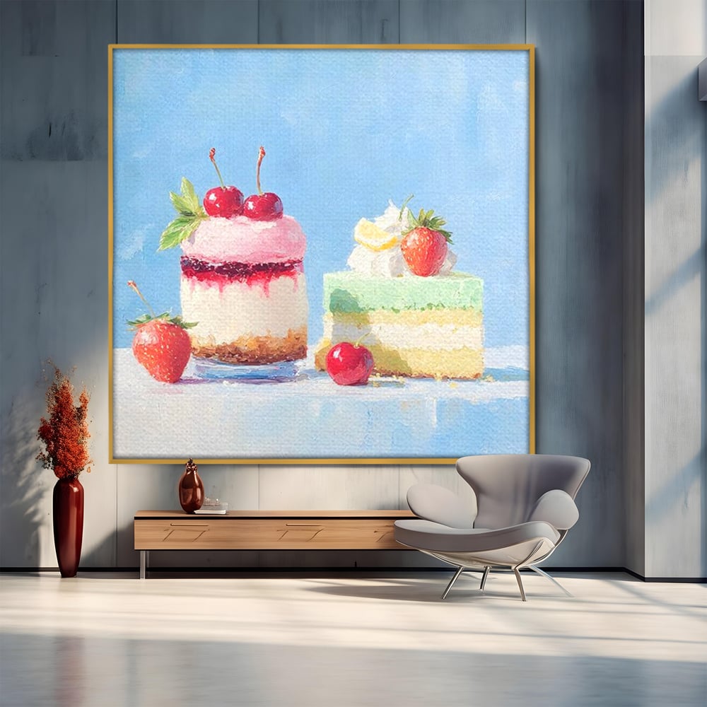 Tablou canvas cu pictura cu prajituri si fructe, in rama de aluminiu auriu