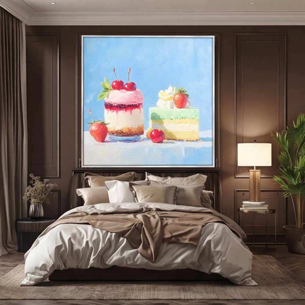 Tablou canvas cu pictura cu prajituri si fructe, in rama de aluminiu argintiu, pe perete intr-un dormitor