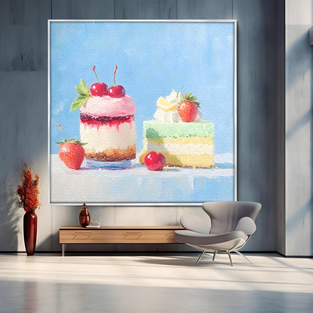 Tablou canvas cu pictura cu prajituri si fructe, in rama de aluminiu argintiu