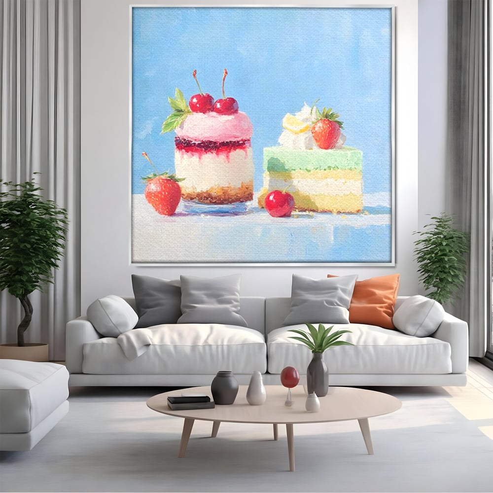 Tablou canvas cu pictura cu prajituri si fructe, in rama de aluminiu argintiu, pe perete intr-un living