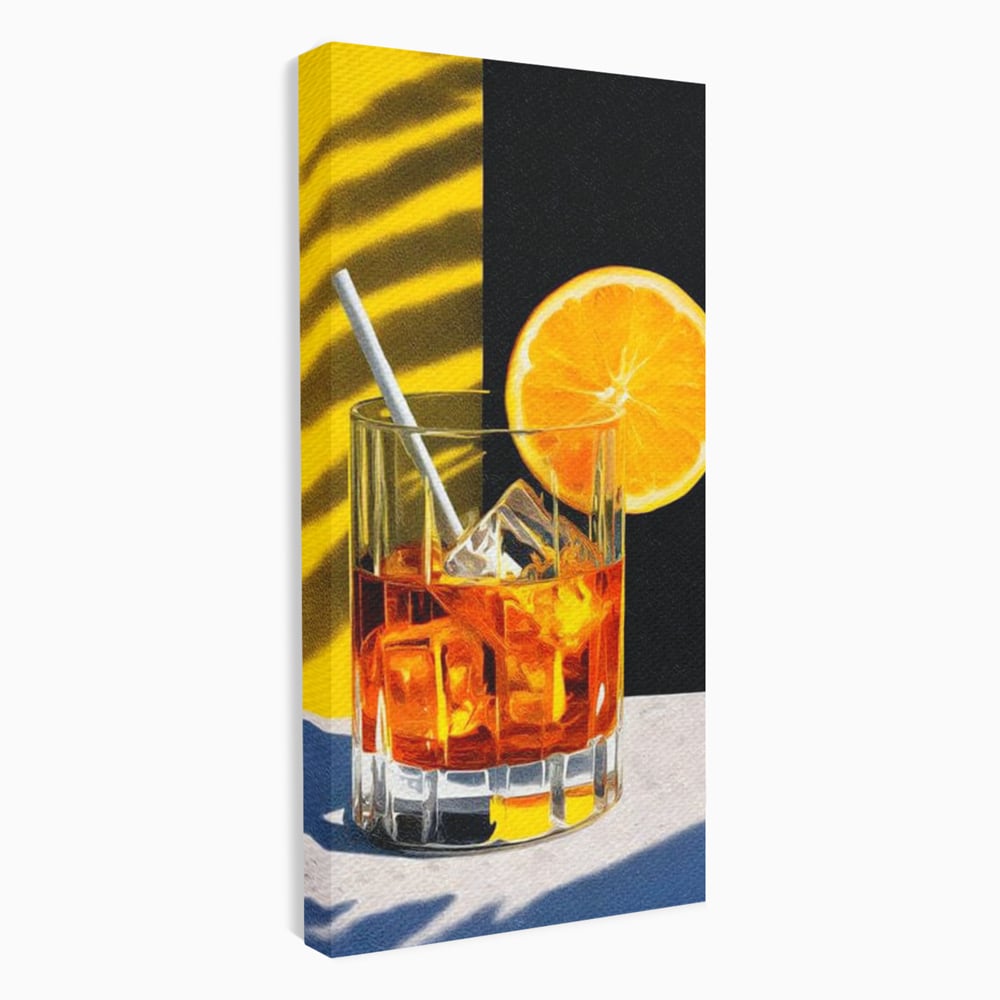 Tablou canvas cu ilustratie cu pahar de cocktail si portocala, fara rama, pe sasiu de lemn