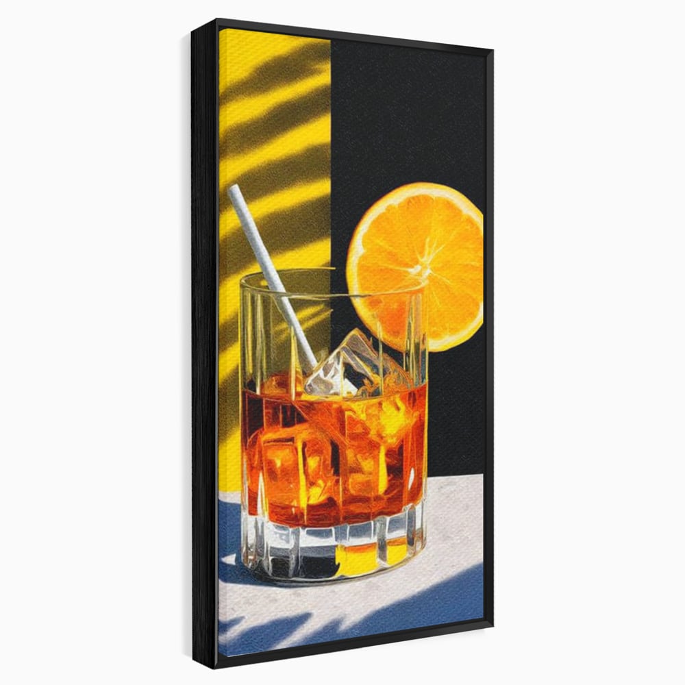 Tablou canvas cu ilustratie cu pahar de cocktail si portocala, in rama de aluminiu negru