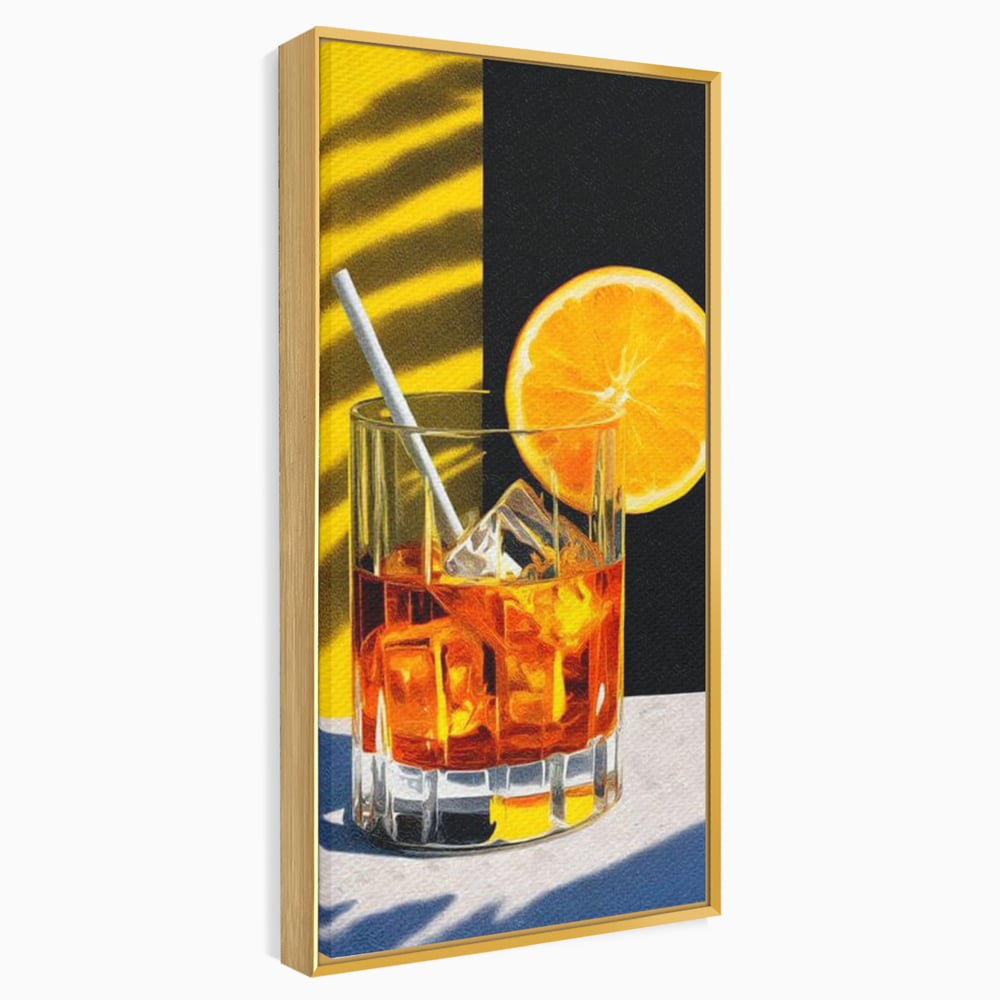 Tablou canvas cu ilustratie cu pahar de cocktail si portocala, in rama de aluminiu auriu