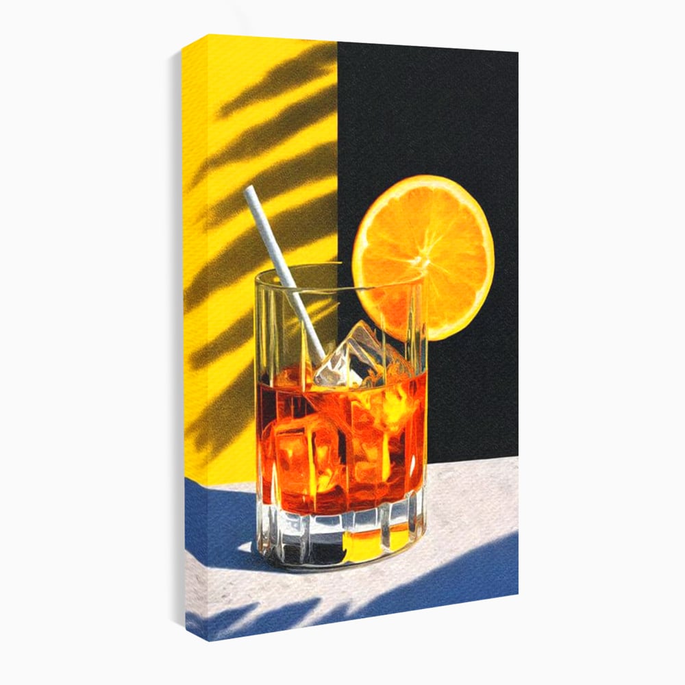 Tablou canvas cu ilustratie cu pahar de cocktail si portocala, fara rama, pe sasiu de lemn
