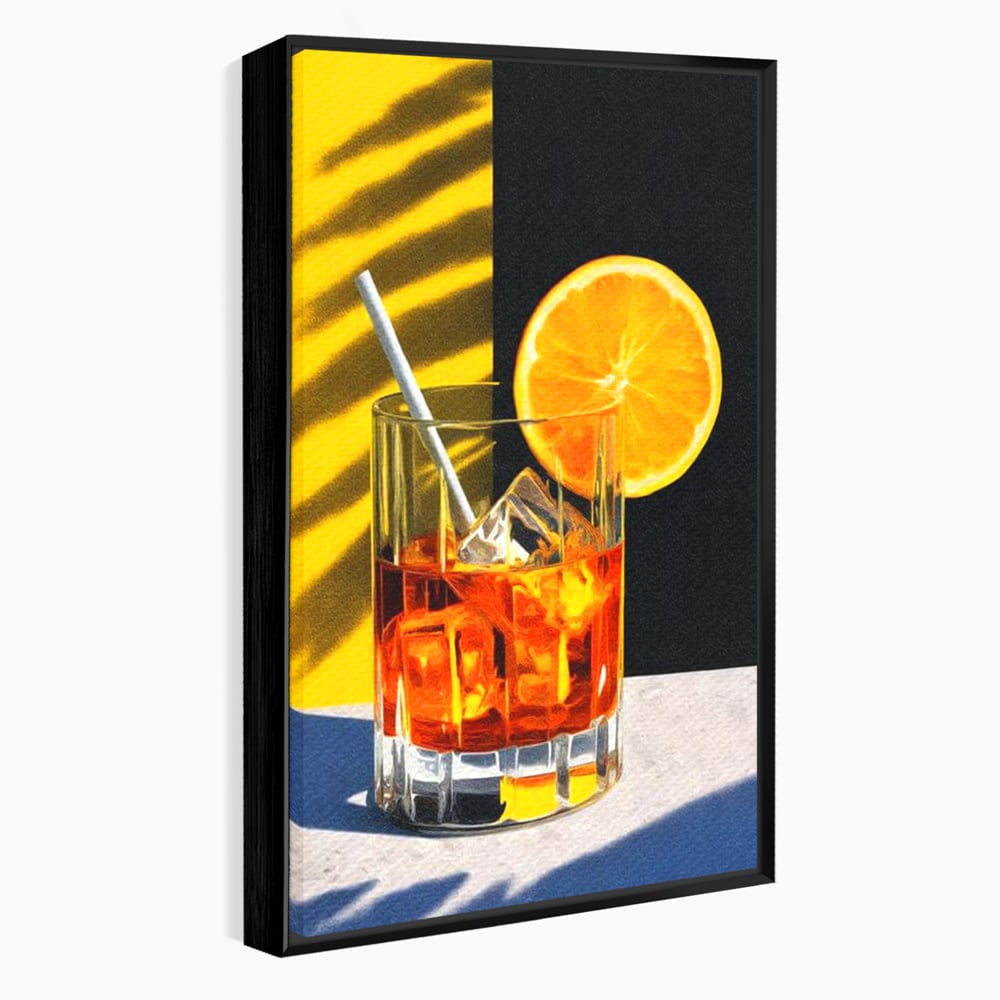 Tablou canvas cu ilustratie cu pahar de cocktail si portocala, in rama de aluminiu negru
