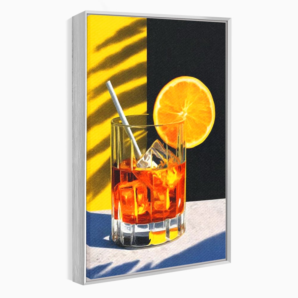 Tablou canvas cu ilustratie cu pahar de cocktail si portocala, in rama de aluminiu argintiu
